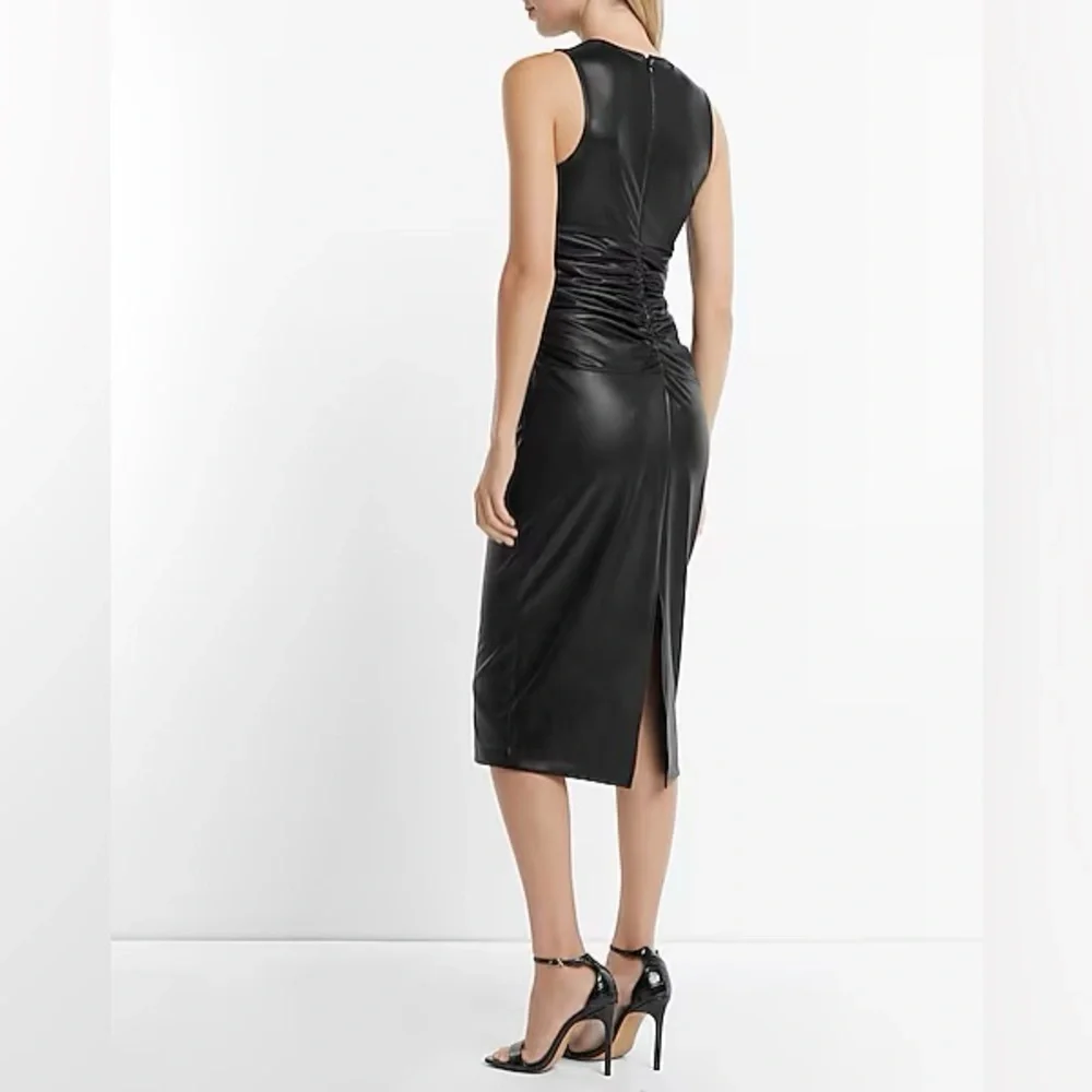 Body Contour Faux Leather Twist Front Midi Dress With Built-In Shapewear - Picture 2 of 5